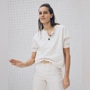 Madewell Raw Edge Henley Tee Shirt Button Down Cream XL